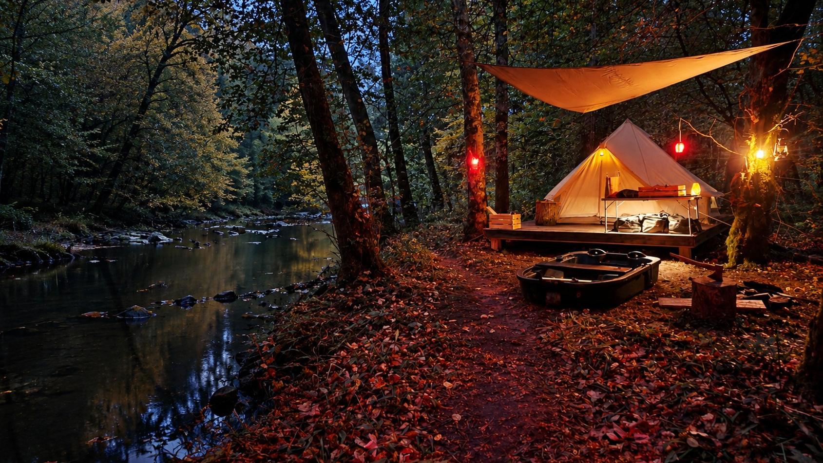 Illuminated bell tent beside a river in the Ardennes forest