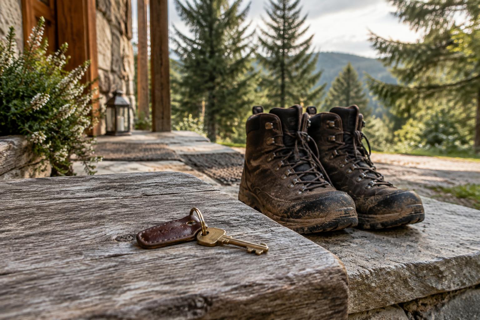 Chalet key and hiking boots in front of a spruce forest