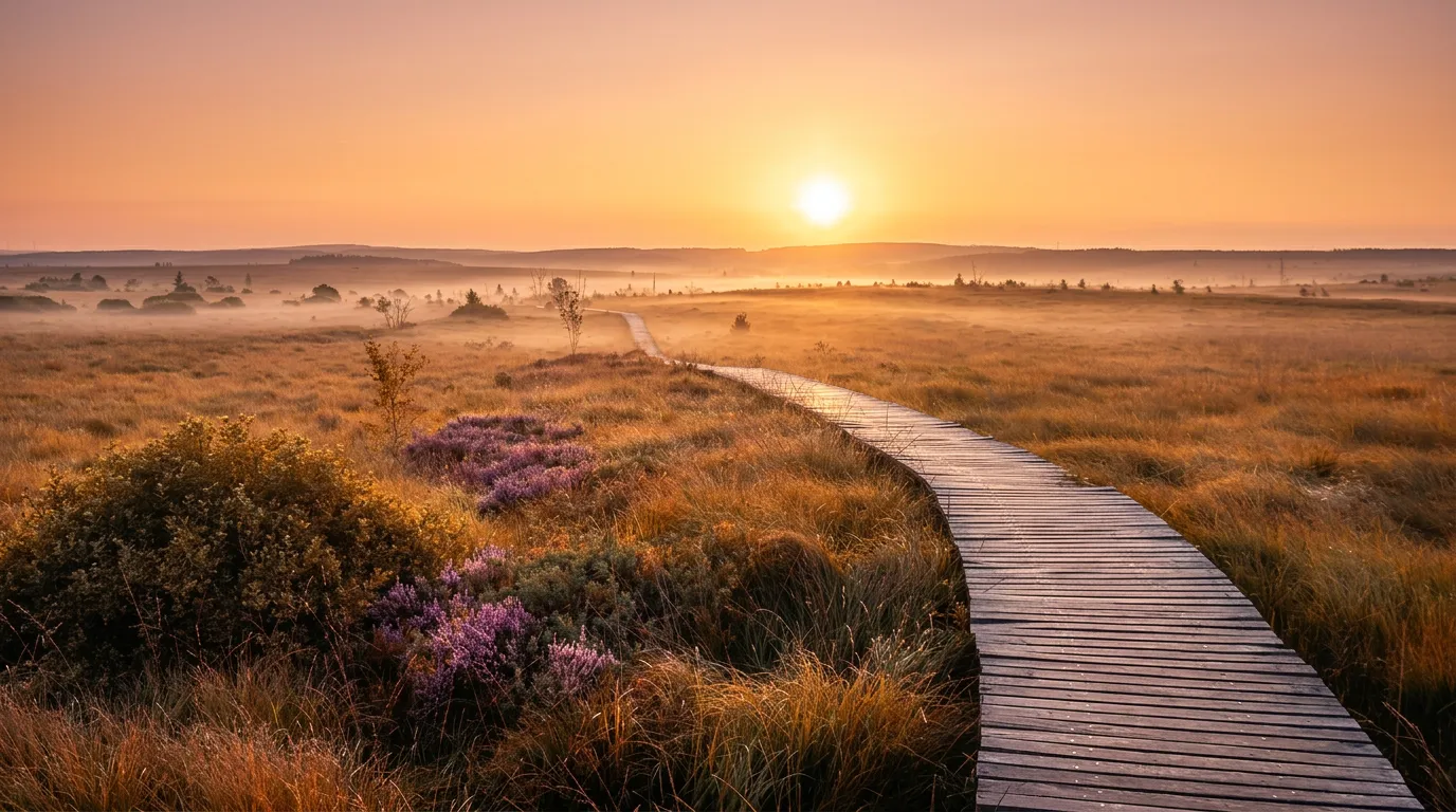 Een vlonderpad door de Hoge Venen bij zonsopkomst